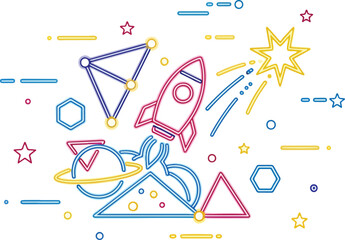 Neonstyle space illustration with a rocket constellation and geometric shapes © aprian