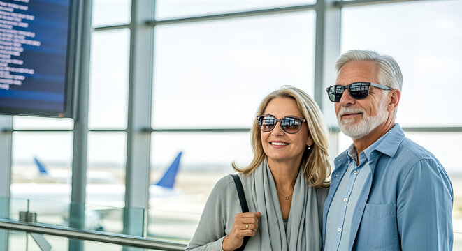 Senior couple wearing sunglasses, smiling together at an airport terminal, with flight information display in the background, capturing the joy of travel and adventure - Powered by Adobe