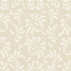 Fototapeta premium Seamless pattern with branches and leaves. Beige background. Vector illustration.