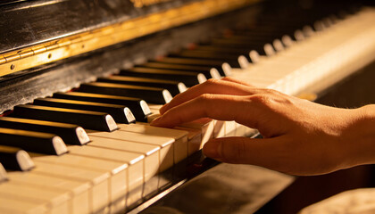 Close-up of a hand playing piano keys, showcasing the elegant design of the instrument, with warm lighting enhancing the musical atmosphere and inviting creativity