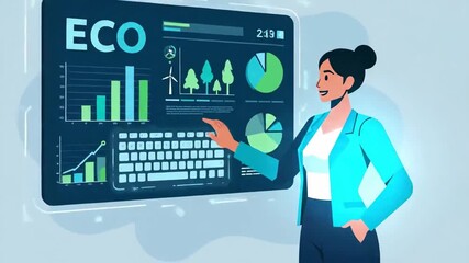 Woman Presenting Eco-Friendly Data on a Futuristic Screen with Green Energy Charts - Powered by Adobe