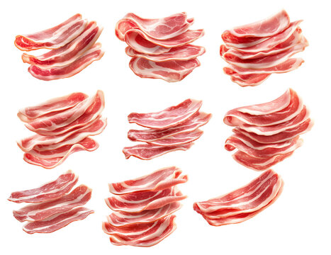 Set of Slices of raw bacon Pancetta with fat marbling, neatly stacked, isolated on white transparent background. Concept of cooking and food preparation