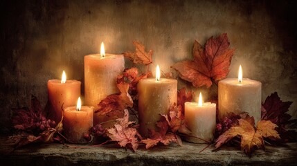 Glowing pillar candles illuminate a rustic arrangement of autumn foliage