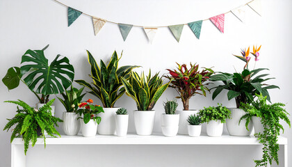 Green home decor stylish indoor plants and pots on white shelves
1