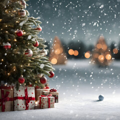 Christmas tree closeup with gifts on snowy golf course with golf ball lying in the snow and golf flag in the background. Concept of resting golf sport during Christmas time.