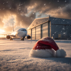 Santa Claus hat placed on snowy airport hangar with airplane nose and hangar doors in background. Concept of Christmas celebration blending with travel and aviation industry.