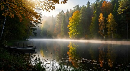 Obraz premium A serene lake surrounded by vibrant autumn trees with a small wooden boat by the shore at sunrise