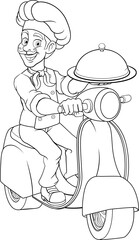 A chef on a delivery scooter moped or motorcycle delivering food on a plate platter or tray cloche cartoon mascot illustration