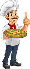 A chef cook holding a pizza cartoon food man mascot character illustration