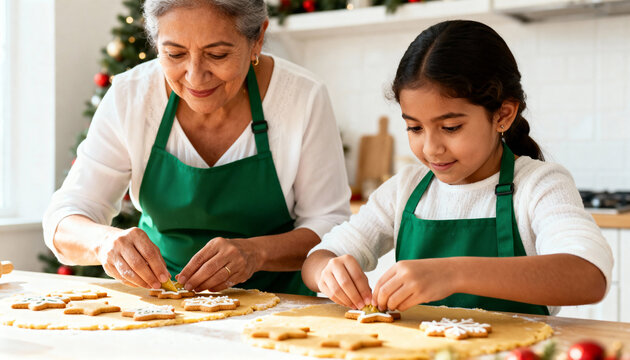 Hispanic grandmother and granddaughter baking Christmas cookies in kitchen. Happy family making festive star and snowflake dough together - Powered by Adobe
