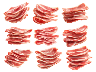 Set of Slices of raw pork bacon Speck with marbled fat isolated on white transparent background, representing cured meat preparation.