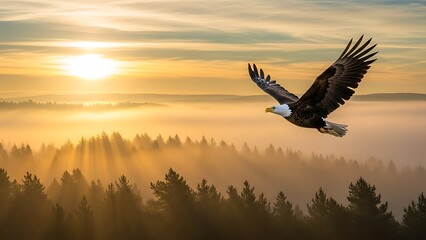 Obraz premium Bald eagle in flight at sunrise over a misty forest landscape