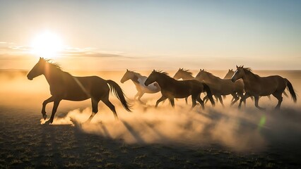 Wild horses galloping at sunset in open field