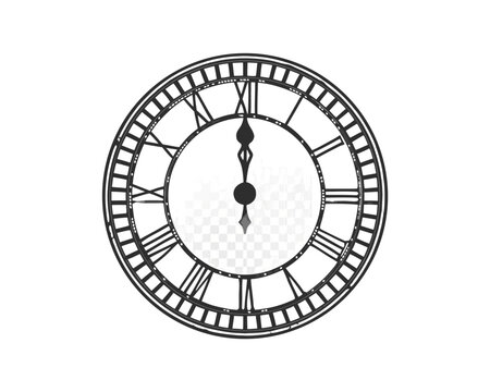 A grayscale image of a classic clock face with a cityscape silhouette