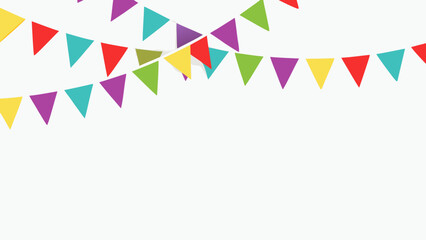 Colorful party bunting flags hanging against a clean white background