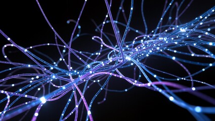 Abstract digital illustration of glowing blue and purple strands intertwining in a dark space, representing connectivity and technology with vibrant light effects and dynamic movement