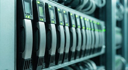 Modern Data Center Rack with Lighted Server Status Indicators