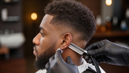 African American man receiving a professional haircut in a modern barbershop, with stylish decor and warm lighting, showcasing grooming and personal care experience