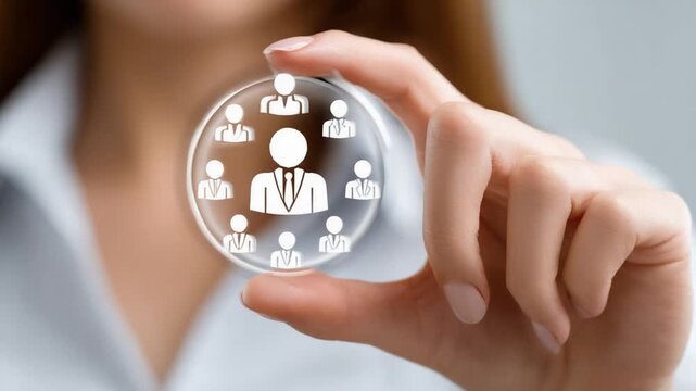 Human resources and recruitment: A close-up shot focuses on a person's hand, delicately holding a glass disc adorned with minimalist human icons, symbolizing human resources and recruitment - Powered by Adobe