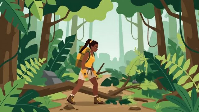 Woman Hiker Navigating Jungle Terrain: Adventure, Exploration, and Wilderness Trail