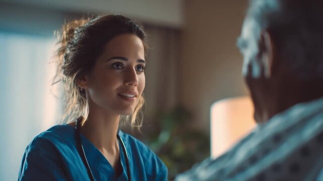 Nurse Providing Gentle Care: A compassionate nurse provides empathetic care to an elderly patient, conveying understanding and reassurance through a gentle touch and comforting gaze.