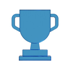 優勝トロフィーのフラットなアイコンの3Dイラスト。透明感のある青いグラスモーフィズムなマーク2。Clean-looking icons suitable for business and UI