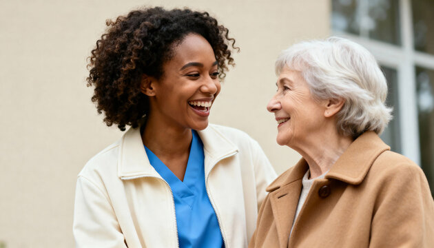Happy nurse and senior woman talking outdoors. Young Black caregiver smiling at an elderly Caucasian patient. Healthcare and home care concept