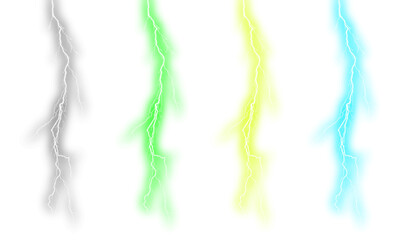 Thunder Set of four realistic vector lightnings. thunderstorm light effect isolated on transparent background. bright electric discharge bolt