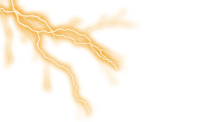 Thunder Orange lightning strike on transparent background as a powerful electricity discharge for design element or overlay with bright sparks