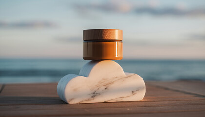 Amber jar with wooden lid on a marble cloud, set against a blurred ocean and sky backdrop.
