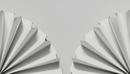 A minimalist, abstract composition featuring two white pleated paper fans against a plain grey background.