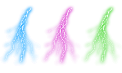 Thunder Set of three abstract lightning bolts energy discharge thunder and electric power strike light effects for storm elements on transparent background