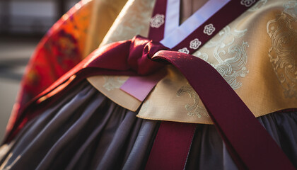 Close-up view of a traditional Korean Hanbok dress with a red bow and yellow top.