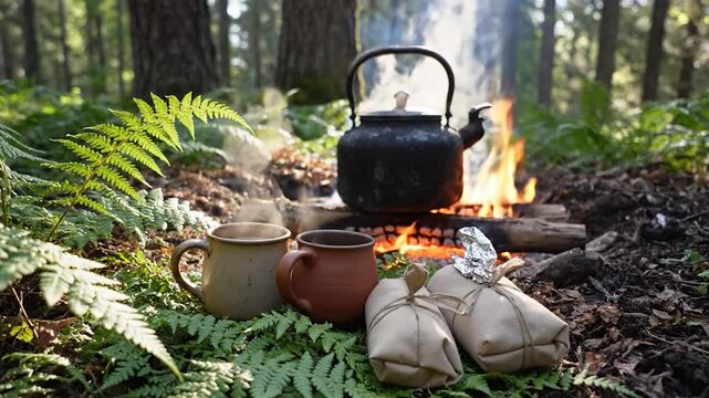 Black kettle with steam boiling over open campfire in wooded natural environment adventure outdoor cooking