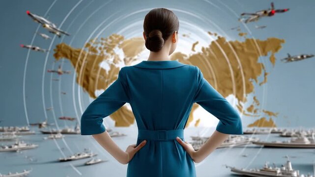 World Strategy and Vision: A determined individual, arms akimbo, gazes towards a projected world map adorned with strategic elements, symbolizing leadership, foresight, and a global perspective.