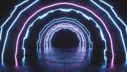 A futuristic dark tunnel illuminated by glowing blue and pink neon light arches creating a mesmerizing abstract pathway.