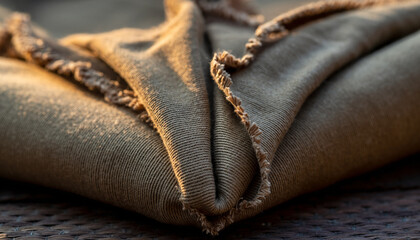 Close-up of a folded beige fabric with frayed edges catching the warm sunlight.
