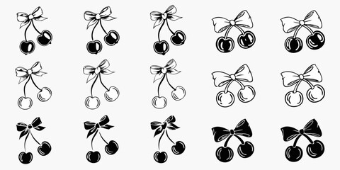 A collection of hand drawn cherries with bows arranged in a grid pattern