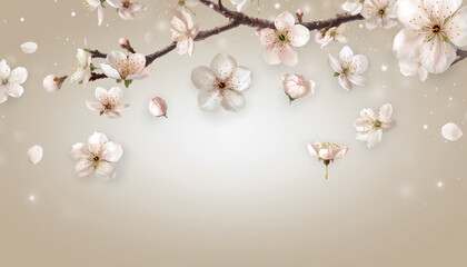 Elegant cherry blossom branch with delicate white and pink flowers and falling petals on a soft beige background, evoking a serene spring atmosphere.