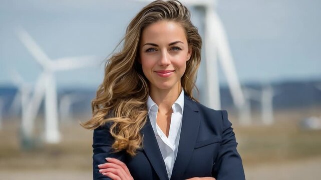 Empowered in Wind: A confident woman in a business suit stands against a backdrop of wind turbines, embodying leadership in renewable energy. 