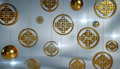 Golden circular ornaments with intricate traditional patterns and solid spheres hanging against a bright, festive background.