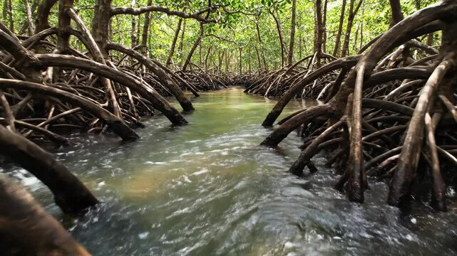 Waves hitting the mangrove roots in a serene and natural waterway with lush greenery in the background.