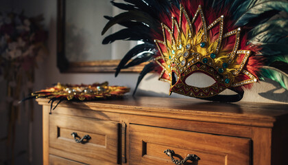 A vibrant feathered carnival mask with jewels sits on a wooden dresser, reflecting in a mirror.