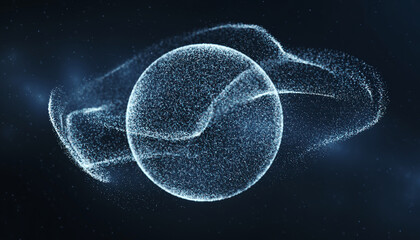 A glowing sphere of light particles surrounded by swirling energy on a dark background.