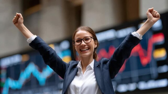 Success in the Market: A determined business woman celebrates her achievement with her hands raised triumphantly, highlighting the excitement and success in the stock market.