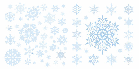An assortment of delicate pale blue snowflakes scattered across a white background