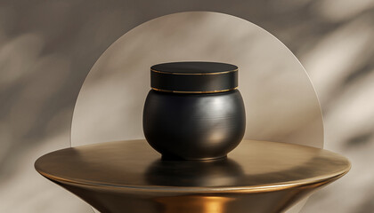Elegant dark cosmetic jar on a golden pedestal with a translucent screen in a luxurious setting.