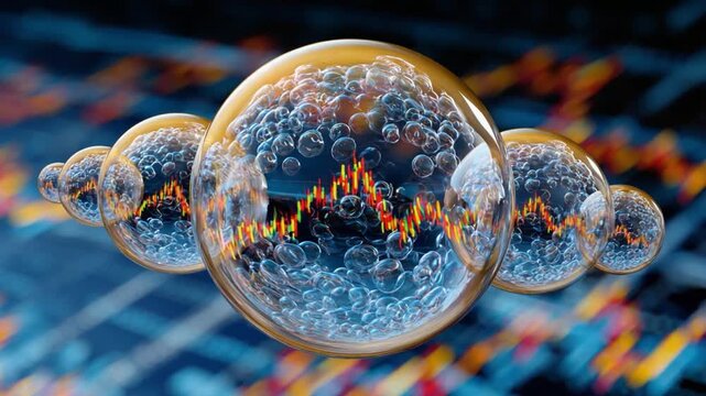Market Volatility Encapsulated: A striking visual of a stock market chart encapsulated within fragile bubbles, representing the volatile and uncertain nature of financial markets.