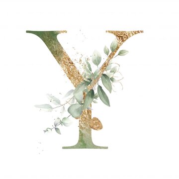 Letter Y alphabet initial letter watercolor greenery foliage with line art delicate animation romantic illustrated alpha mask animation golden