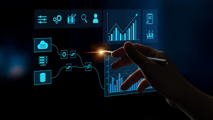 Data flow from database and cloud to processing and analytics dashboards, representing data...
